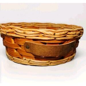 Vintage Pyrex Casserole Dish Holder Wicker Round Brown Basket Leather Handles